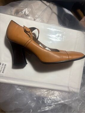 Prada Tan Leather Mary Jane Heel with Sculpted Block Heel